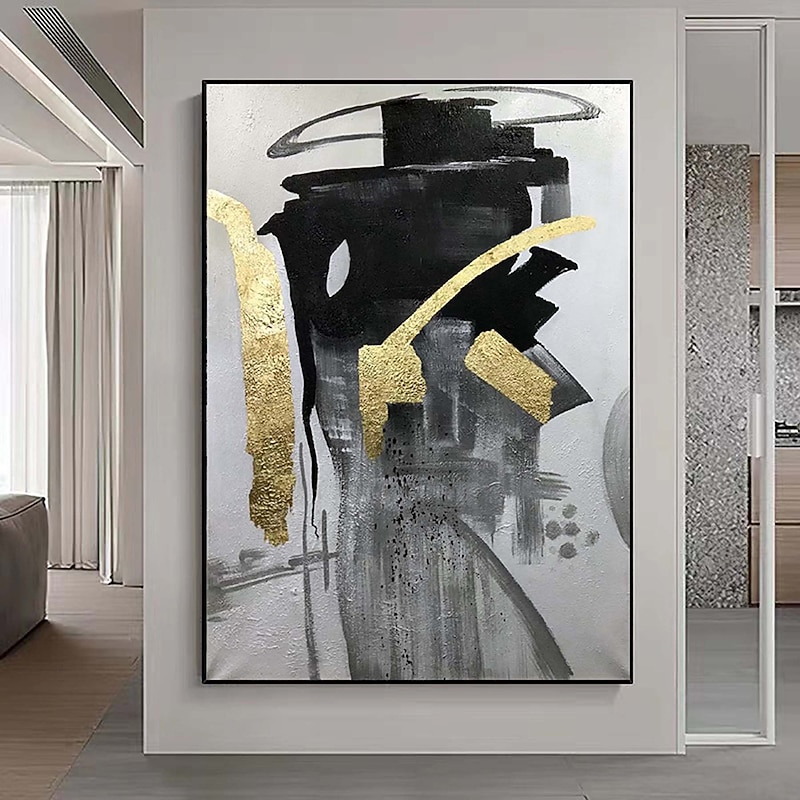 Large Handmade gold foil painting Hand Painted Black And White Oil Painting Wall Art Abstract Paintings  Abstract Art Beige White Minimalist Painting On Canvas Decor Rolled Canvas No Frame Unstretched