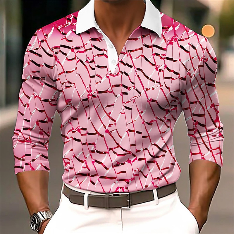 Men's Graphic Polo Shirts Golf Shirt Long Sleeve Polo Shirts Collared Shirts Casual Vacation Wear Rave Wear Party Outfits 3D Print Buttons Fall & Winter Pink Blue2