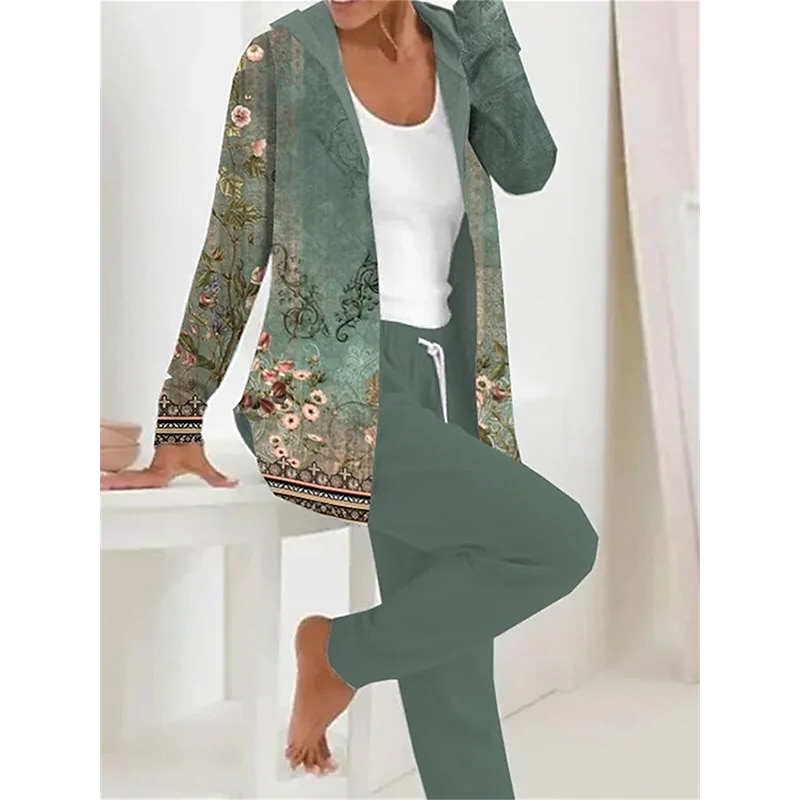 Women's 2 Pieces Hoodie Tracksuits Active Daily Pants Sets Pants Trousers Long Sleeve Hooded Floral Drawstring Print Outdoor Casual White Pink Dark Navy Fall & Winter Regular Fit2