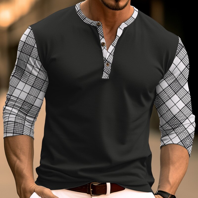 Men's Button T Shirt T Shirt Henley Shirt Tee Top Long Sleeve Henley Spring &  Fall Plaid Color Block Fashion Designer Basic Patchwork Vacation Street Going out Black Navy Blue Brown Top Tee for Men2