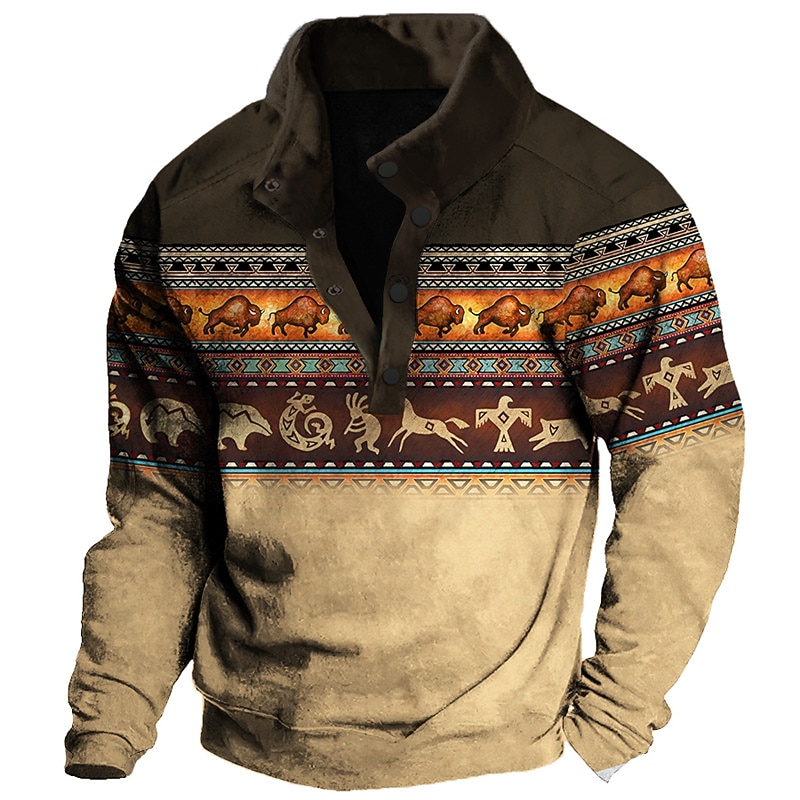 Men's Graphic Animal Cowboy Sweatshirts Sweatshirt Long Sleeve Sweatshirt Stand Collar Ethnic Vintage Retro Western Cowboy 3D Print Vacation Sports Outdoor Holiday Print Spring &  Fall