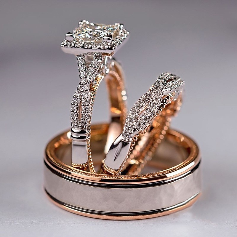 Men Women Couple Rings Wedding Geometrical Gold Copper Rhinestone Mini Vintage Stylish Simple 3pcs dress to impress
