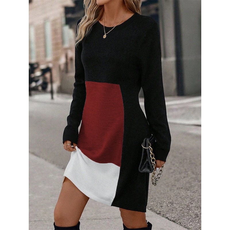 Women's Sweatshirt Dress Mini Dress Casual Dress Warm Active Outdoor Party Street Crew Neck Print Geometric Color Block Regular Fit Black Pink Red S M L XL XXL 5