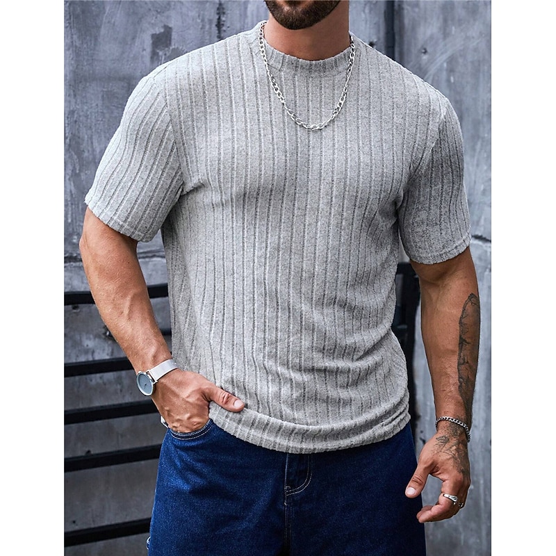 Men's T Shirt Knit Tee Tee Top Short Sleeves Crew Neck Summer Plain Pit Strip Fashion Designer Basic Knitted Vacation Street Going out Gray Top Tee for Men