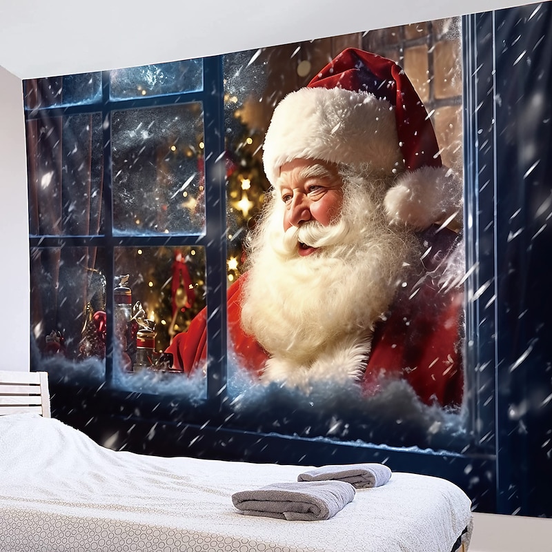Christmas Decorations Santa Claus Hanging Tapestry Wall Art Xmas Large Tapestry Mural Decor Photograph Backdrop Blanket Curtain Home Bedroom Living Room Decoration Window Snow View3