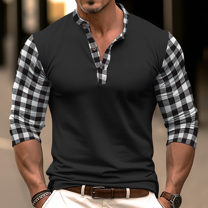 Men's Button T Shirt T Shirt Henley Shirt Tee Top Long Sleeve Henley Spring &  Fall Plaid Color Block Fashion Designer Basic Patchwork Vacation Street Going out Black White Navy Blue Top Tee for Men3