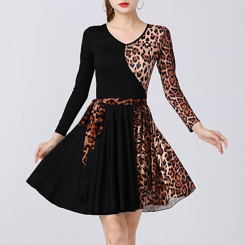 Latin Dance Dress Leopard Print Printing Splicing Women's Performance Training Long Sleeve High Spandex