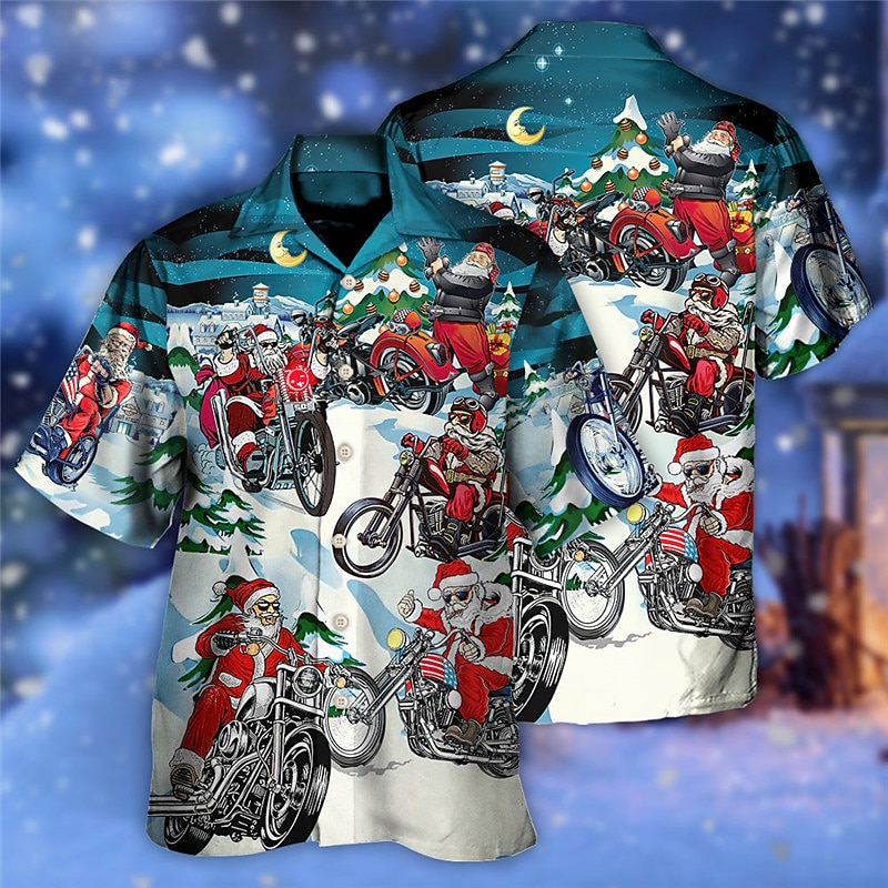 Christmas Men's Santa Claus Printed Shirts Santa Claus Motorcycle AbstracOutdoor Street Fall Turndown Short Sleeve Blue S M L Shirt2