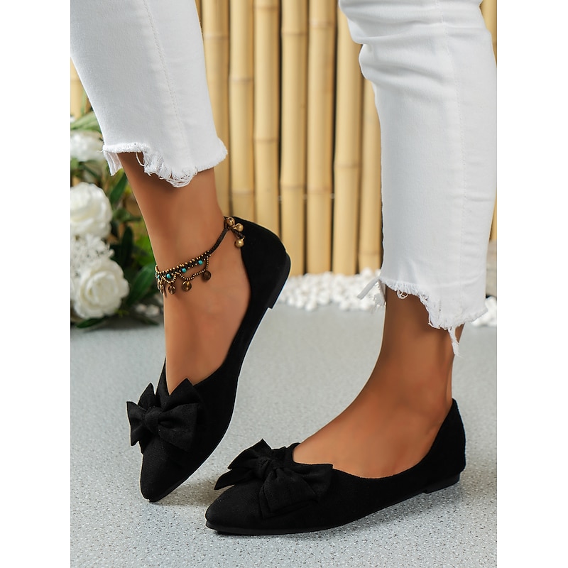 Women's Black Pointed Toe Flats with Bow – Elegant Slip-On Loafers for Ladies, Comfortable Casual Shoes for Work, Office, and Daily Wear3