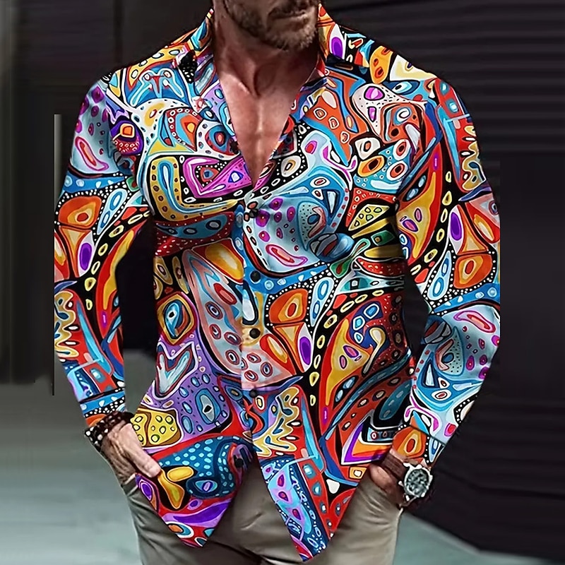 Men's Color Block Shirt Button Up Shirt Long Sleeve Artistic Abstract Outdoor Street Casual Daily Fall & Winter Turndown Buttons Print Blue
