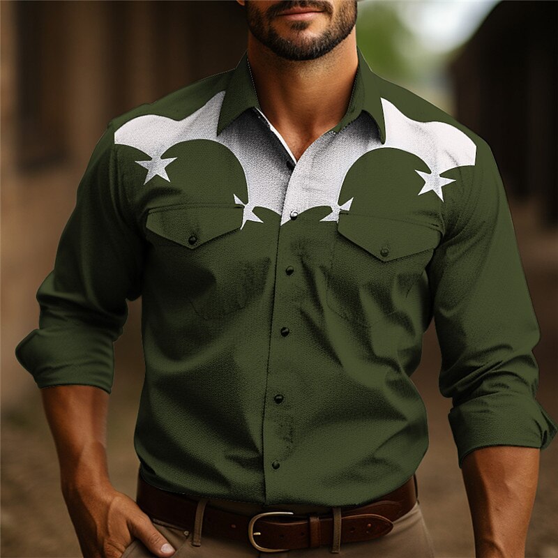 Men's Star Shirt Western Shirt Cowboy Shirt Long Sleeve Casual Outdoor Street Casual Daily Fall & Winter Turndown Buttons Print Black Burgundy Dark Navy Sky Blue Olive2