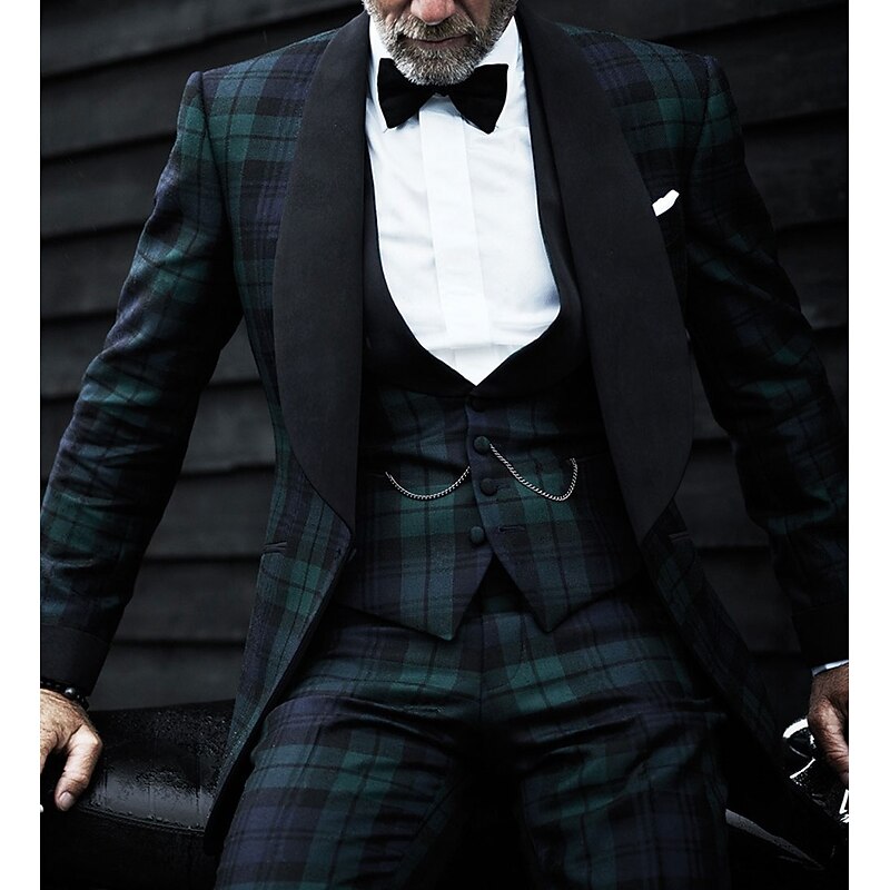 Men's Party Christmas Party Tuxedos Business WorkWear Green Plaid Slim Fit 3 Piece Single Breasted One-button