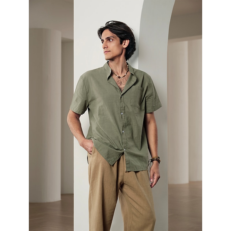 10% Linen Front Pocket Men's Linen Shirt Casual Shirt Black White Yellow Short Sleeve Plain Henley Spring & Summer Vacation Hawaiian Clothing Apparel2