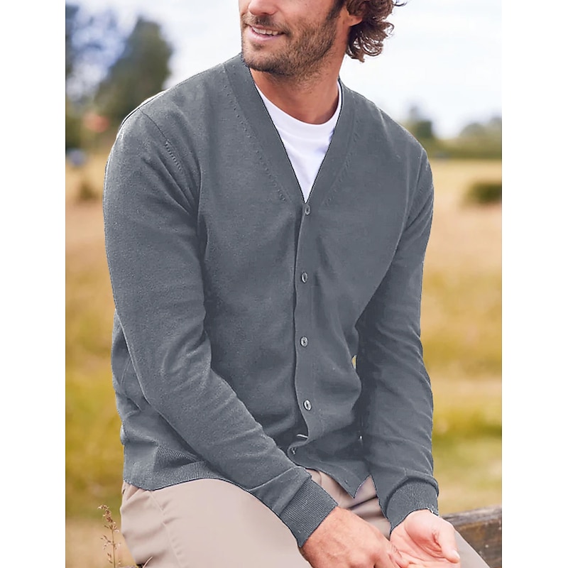 Men's Cardigan Sweater Knitted Cardigan Ribbed Knit Regular Knitted Plain V Neck Warm Ups Modern Contemporary Daily Wear Going out Clothing Apparel Winter Black Red S M L4