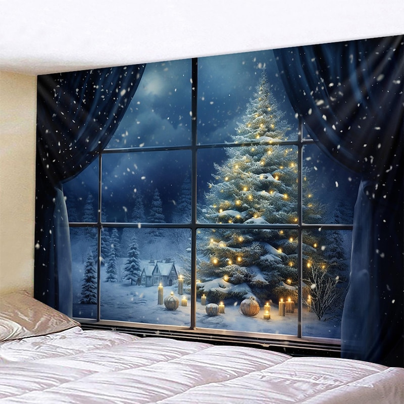 Christmas Decorations Christmas Tree Winter Hanging Tapestry Wall Art Xmas Large Tapestry Mural Decor Photograph Backdrop Blanket Curtain Home Bedroom Living Room Decoration Snow Window View 5