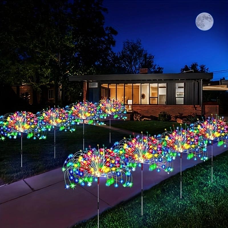 1 Pack solar powered 8-function Christmas decorative fireworks lamp, floor mounted lawn light, holiday wedding, Christmas Halloween outdoor waterproof decorative lamp 90/120/150/200Leds