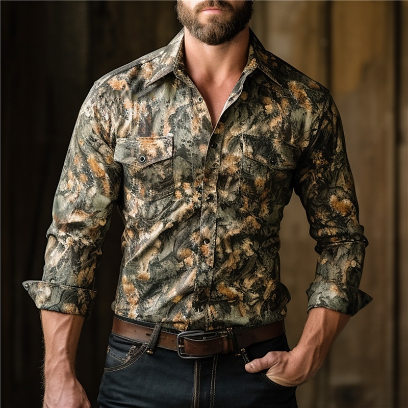 Men's Camo / Camouflage Shirt Western Shirt Cowboy Shirt Long Sleeve Casual Daily Wear Going out Weekend Fall & Winter Turndown Pocket Print Button-Down Army Green Dark Green Green3