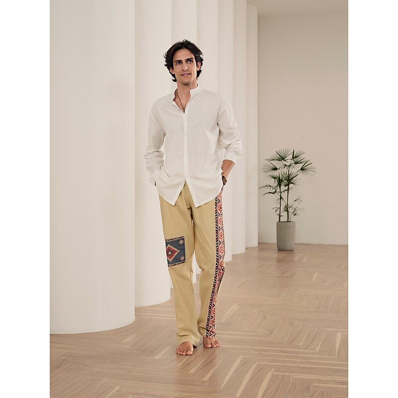 Men's Ethnic Linen Pants Trousers Summer Pants Mid Waist Ethnic Style Retro Vintage Casual Daily Holiday Drawstring Elastic Waist 3D Print Spring & Summer 3D Print Khaki Grey4