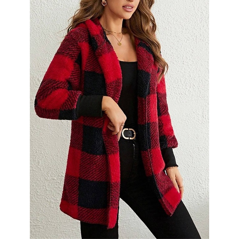 Women's Fleece Jacket Teddy Coat Hoodie Jacket Warm Breathable Pocket Fleece Lined Casual Street Style Stripes and Plaid Vacation Valentine's Day Street Daily Wear Open Front Regular Hoodie Regular3