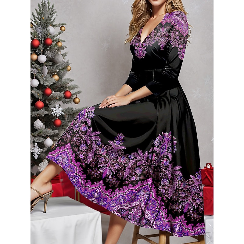 Women's Midi Dress Winter Dress Swing Dress Semi Formal Dress A Line Dress Fashion Streetwear Modern Formal Outdoor Vacation Regular Fit Floral Tribal 3/4 Length Sleeve V Neck Blue Purple Fuchsia Gold3