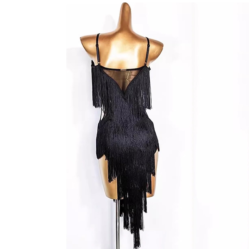 Latin Dance Dress Fringed Tassel Pure Color Splicing Women's Performance Party Sleeveless Polyester2