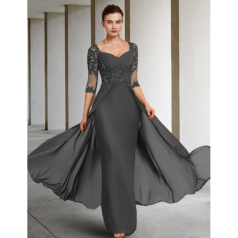 Sheath Mother of the Bride Dress Formal Wedding Guest Elegant Party Square Neck Floor Length Chiffon Lace 3/4 Length Sleeve with Sequin Appliques Ruching