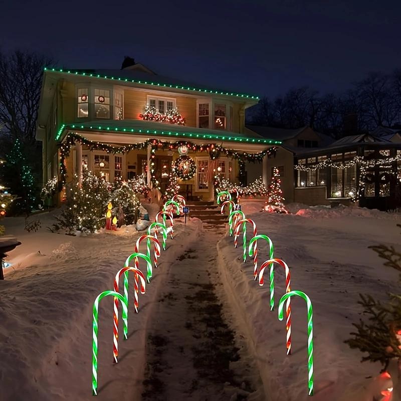 5-in-1 Solar Christmas Star, Snowflake, Peppermint Candy Cane Stake Lights - Outdoor Pathway Decoration Pathway Lights for Yard & Garden3