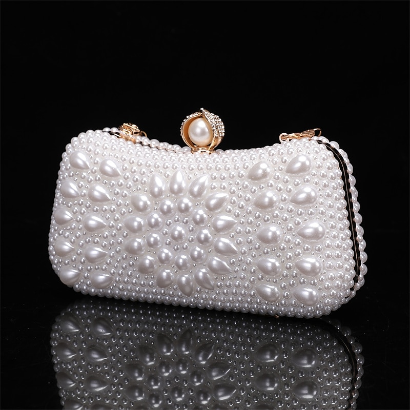 Elegant Pearl Clutch Bag – Luxury White Beaded Evening Purse with Pearl Handle and Crystal Clasp, Perfect for Weddings, Parties, and Formal Events2