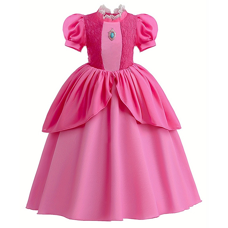 Super Mario Bros Princess Peach Dress Gloves Crown Pattern Dress Cosplay Costume Movie Cosplay for Girls' Kid's Children's Day Masquerade3