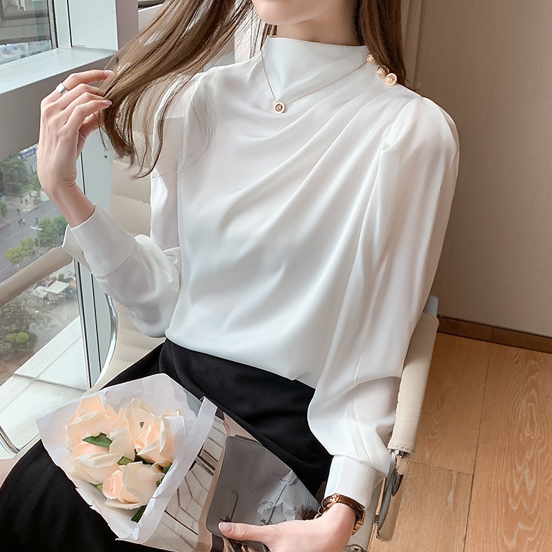 Women's Shirt Elegant Dressy Satin Plain Daily Business Mature Long Sleeve Turtleneck High Neck Regular Tops Work Black White Red Blue Spring & Fall3