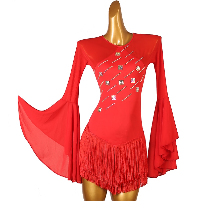 Figure Skating Dress Women's Girls' Ice Skating Dress Red Patchwork Open Back Mesh High Elasticity Training Competition Skating Wear Classic Long Sleeve Ice Skating Figure Skating