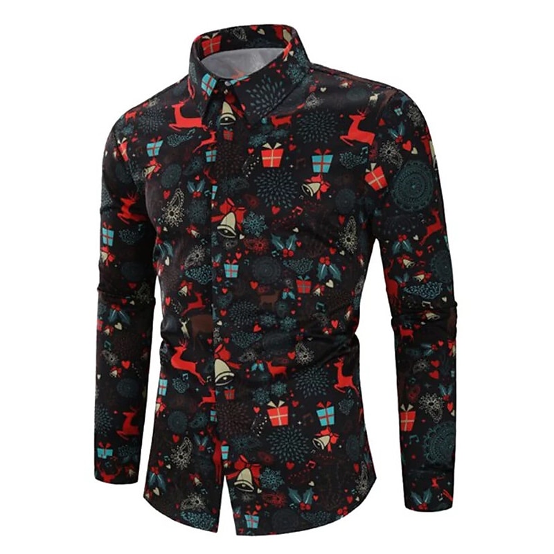 Christmas Men's Christmas Scene Printed Shirts Shirts Elk Pattern Casual Outdoor Street Fall & Winter Turndown Long Sleeve Black White S M L2
