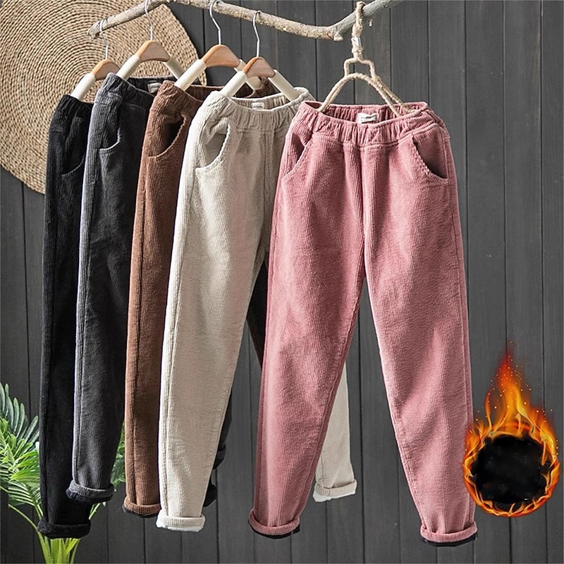 Women's Skinny Fleece Pants Corduroy Pants Streetwear Simple Casual Full Length Mid Waist Plain Pocket Elastic Waist Thermal Warm Comfort Soft Micro-elastic Vacation Valentine's Day Street Black Pink