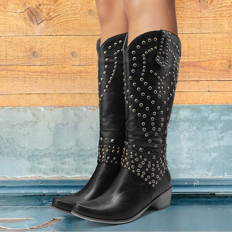 Women's Black Studded Faux Leather Knee-High Boots with Block Heels - Western Style Fashion Footwear for Fall and Winter