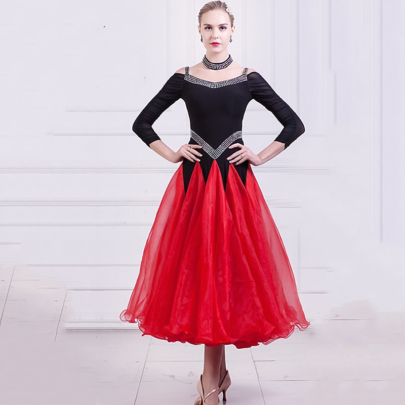 Ballroom Dance Dress Splicing Crystals / Rhinestones Women's Performance Party 3/4 Length Sleeve Mesh Spandex Organza4