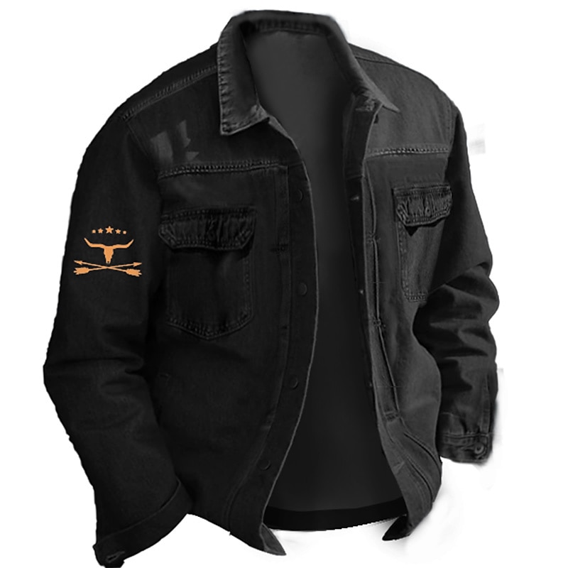 Men's Denim Coat Jean Jacket Denim Jacket Comfortable Breathable Casual Sports & Outdoor Going out Weekend Buttons Print Fall & Winter Turndown Long Sleeve Black Blue2