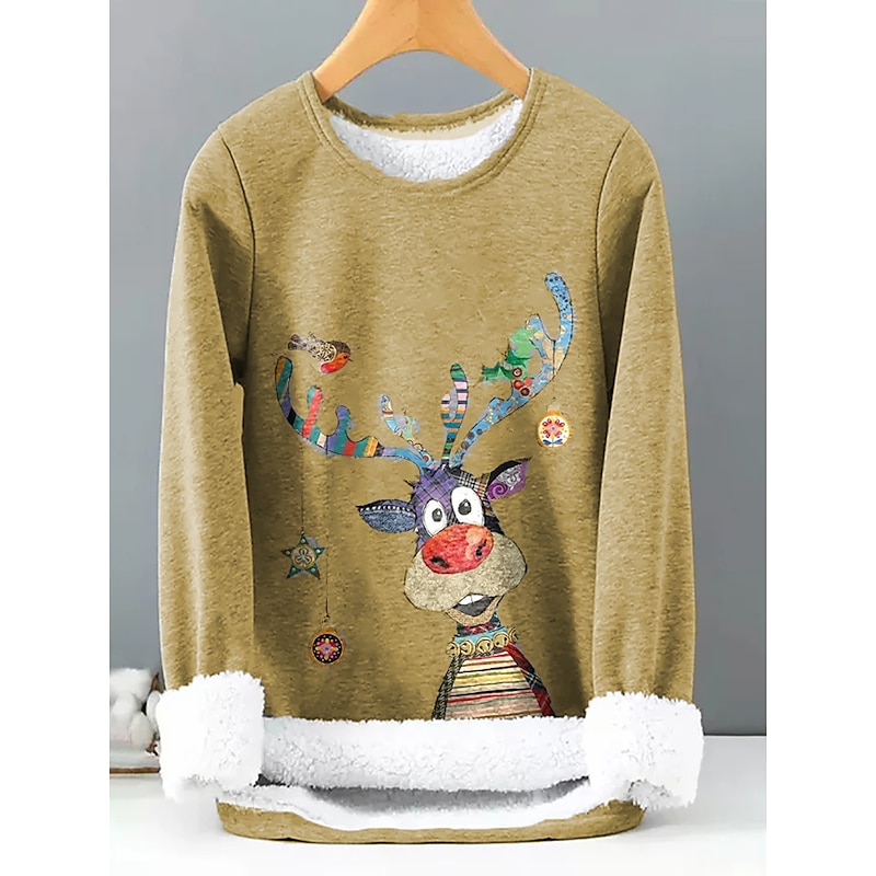 Women's Fleece Lined Pullover Sweatshirt Pajamas Reindeer Warm Funny Fuzzy Long Sleeve Round Neck Crewneck Long Tops Christmas Casual Sports Black Yellow Dark Pink Red Blue Fall & Winter4