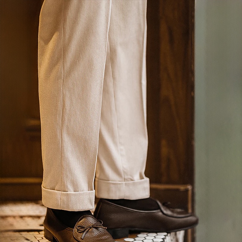 Men's Graduation Dress Pants Corduroy Pants Trousers Casual Pants Front Pocket Straight Leg Plain Comfort Wearable Business Daily Holiday Fashion Chic & Modern White Brown3