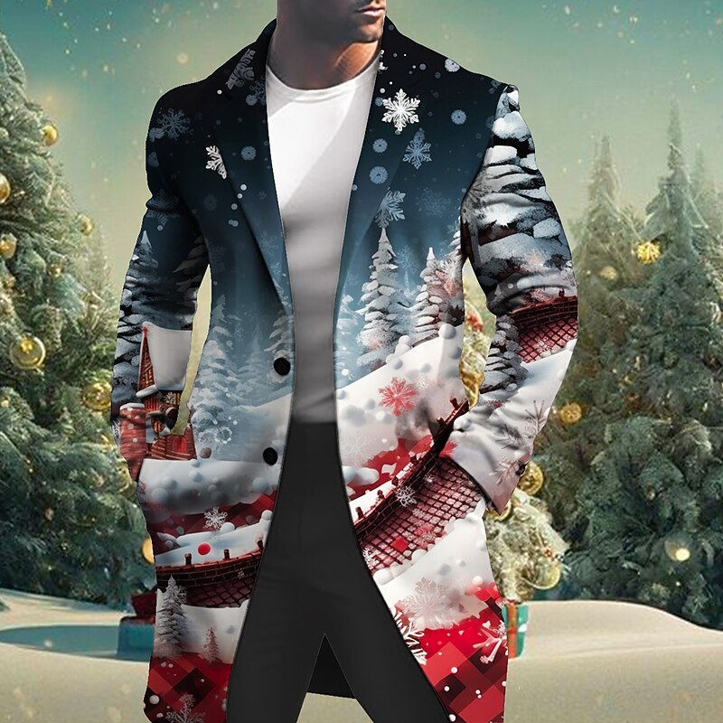 Men's Christmas Tree Winter Coat Overcoat Coat Warm Comfortable Breathable Business Casual Christmas Work Wear to work Pocket Buttons Print Fall & Winter Turndown Long Sleeve Black Red Blue3