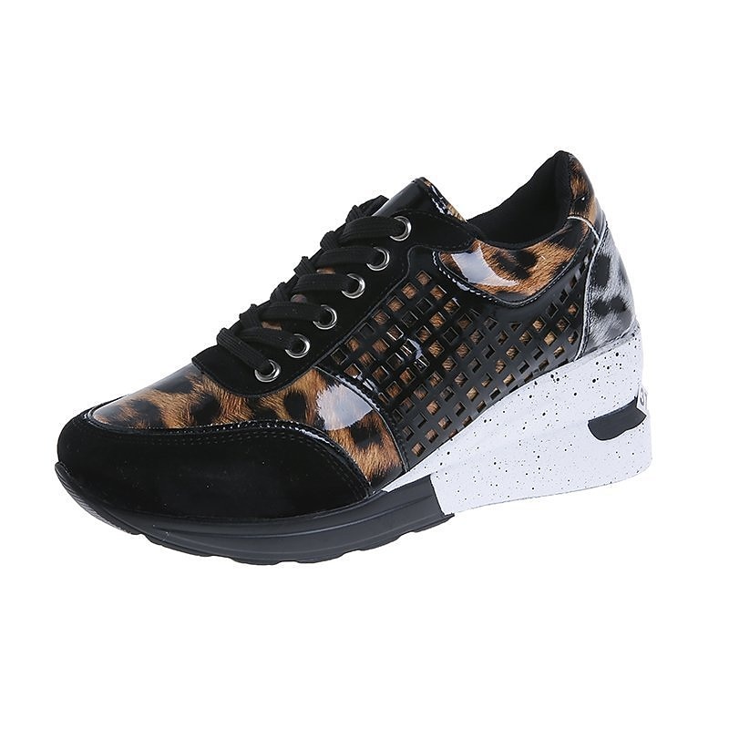 Women's Sneakers Plus Size Height Increasing Shoes Platform Sneakers Outdoor Daily Color Block Summer Platform Wedge Heel Round Toe Fashion Sporty Casual Walking Faux Leather Lace-up Leopard Black2