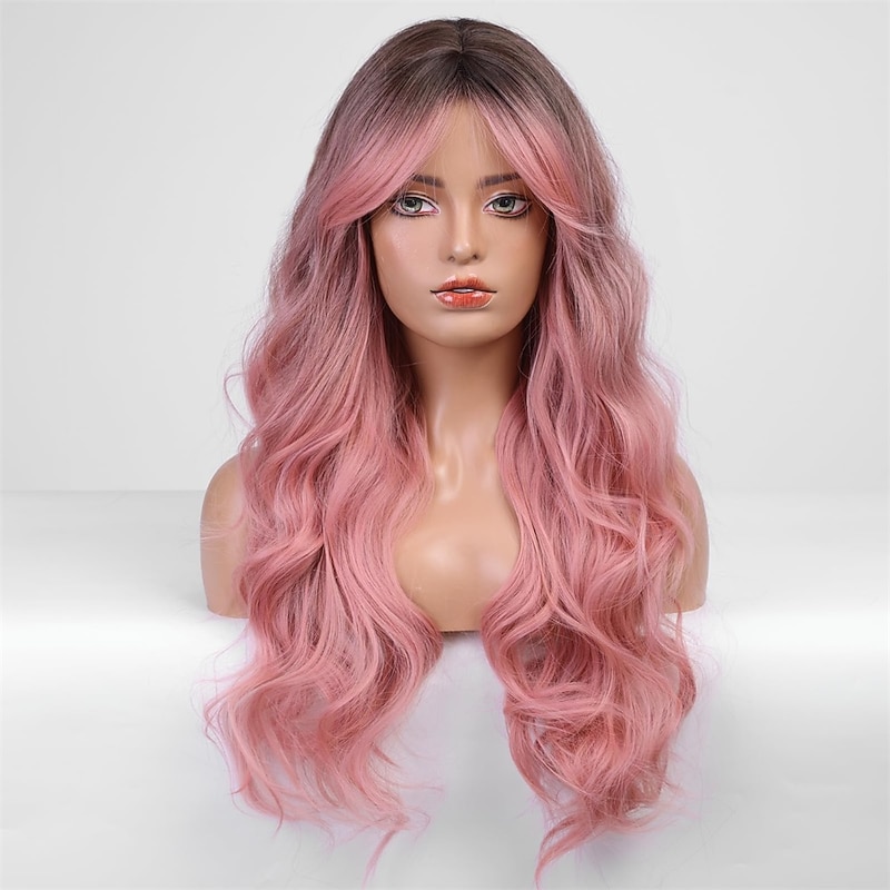 Long Pink Wavy Wig for Women Ombre Pink Wig Dark Root 26 Inch with Bangs Curly Wavy Wig Natural Looking Synthetic Heat Resistant Fiber Wig for Daily Party Use3
