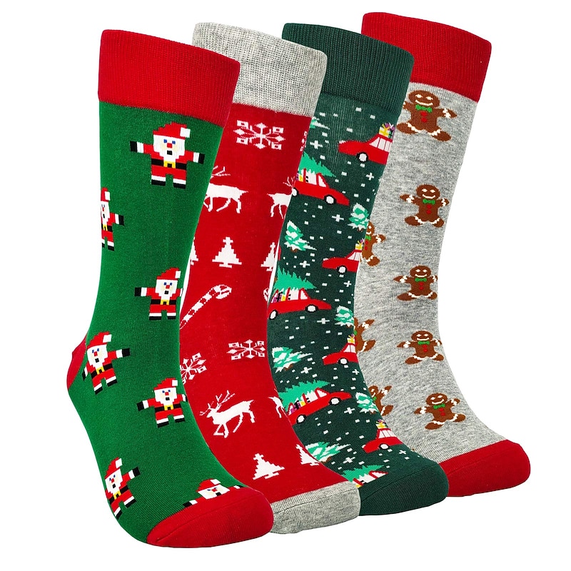 4PCS Mens Christmas Patterned Dress Socks Funny Novelty Crazy Design Cotton Socks Gift for Men Santa Claus Christmas Eve Gifts