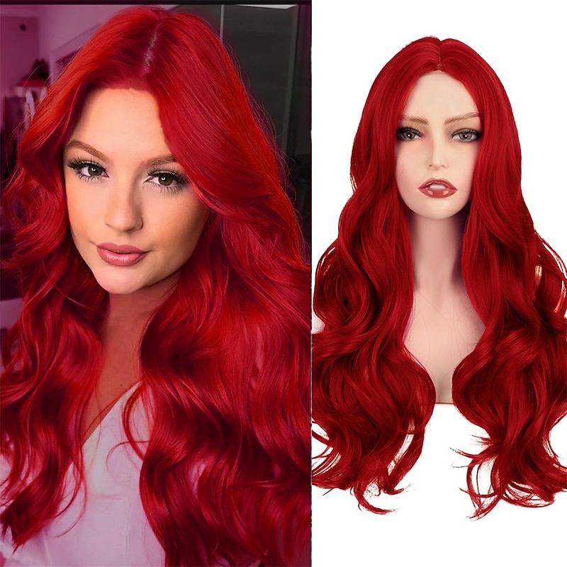Red Wig for Women Long Wavy Curly Middle Part Wig Natural Looking Synthetic Heat Resistant Fiber Wig for Daily Party Use 26 Inch Christmas Party Wigs