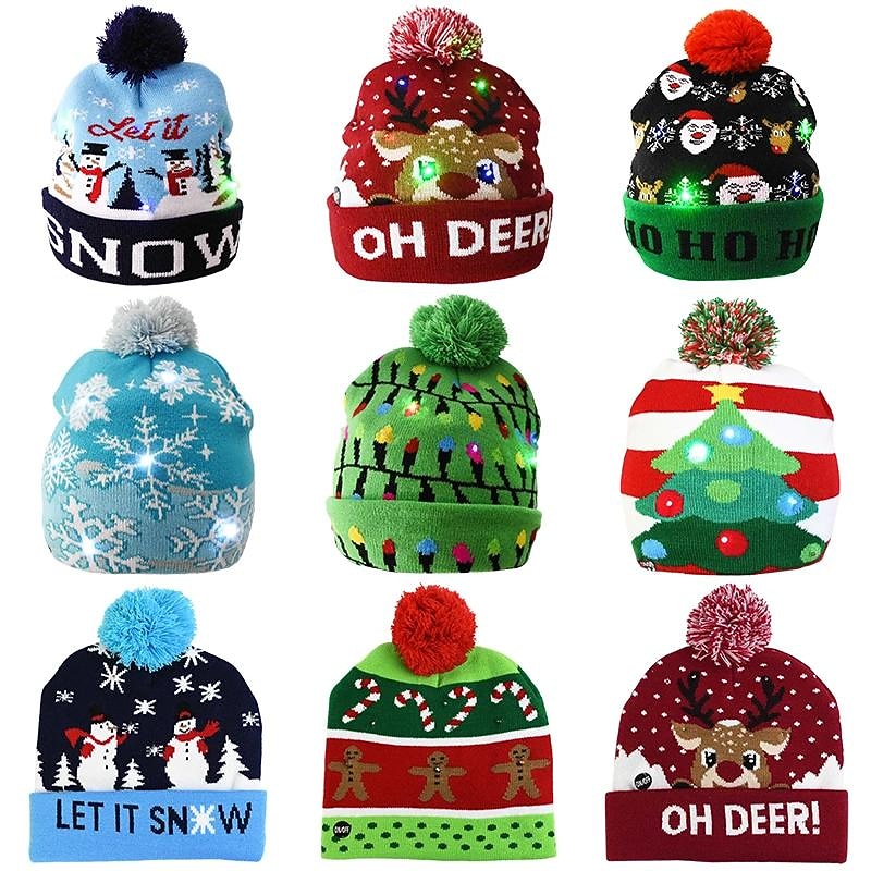 Christmas Beanies Hat Knit LED Light Hat, Light Up Christmas Hat for Unisex Winter Pom Hats, Holiday Party Beanie Cap Xmas Gifts Multicolor