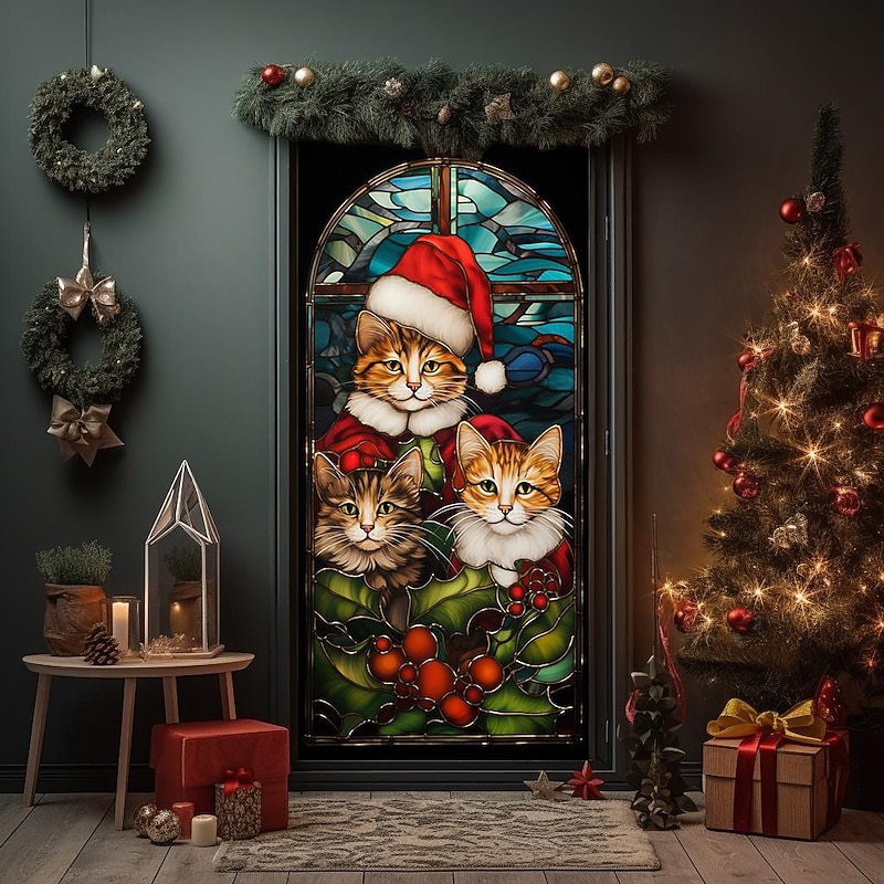 Christmas Door Decorations Stained Glass Cat Door Covers Door Tapestry Door Curtain Decoration Xmas Backdrop Door Banner for Front Door Holiday Party Decor Supplies3