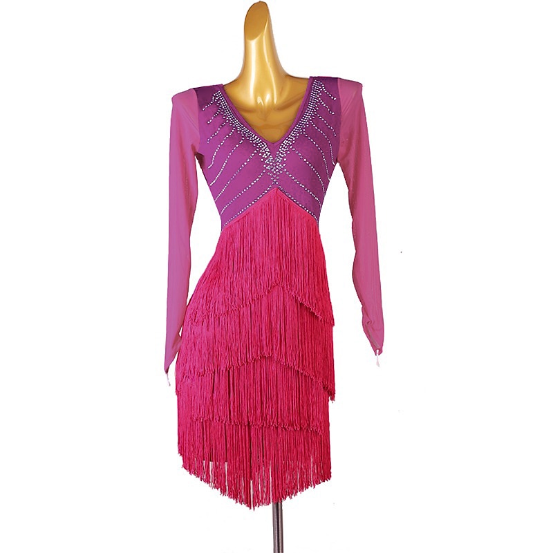 Latin Dance Exotic Dancewear Latin Salsa Dance Dress Tassel Crystals / Rhinestones Women's Performance Daily Wear Long Sleeve Spandex3