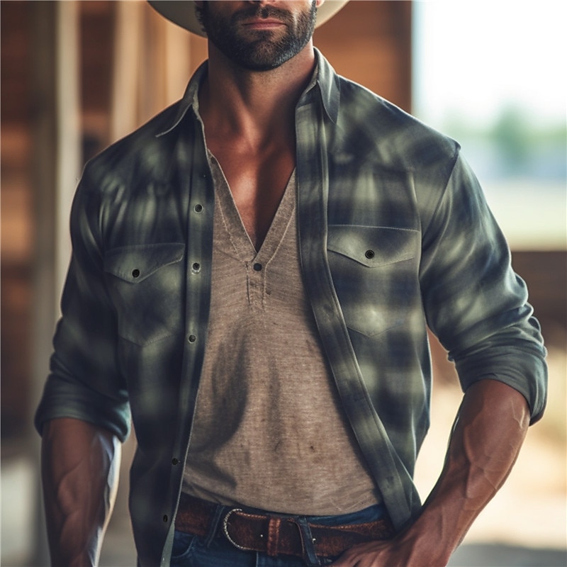 Men's Plaid Western Shirt Button Up Shirt Cowboy Shirt Long Sleeve Vintage Western Daily Wear Spring Fall & Winter Turndown Collared Shirts 3D Print Front Pocket Royal Blue Blue2