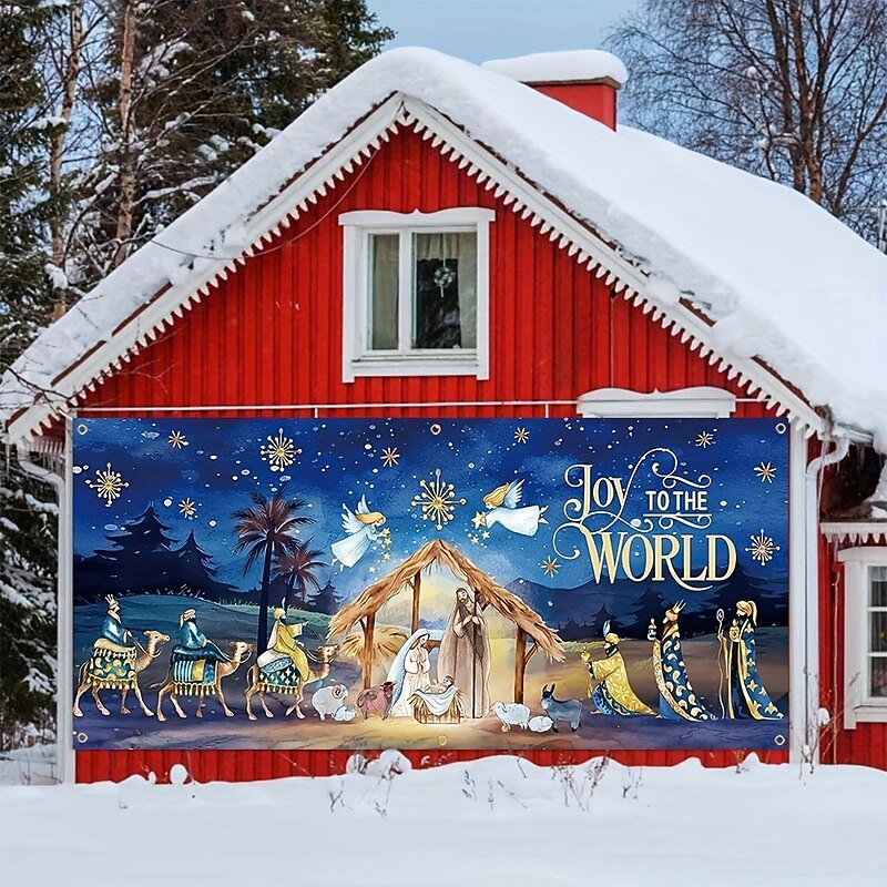 Christmas Door Decorations Nativity Outdoor Garage Door Cover Xmas Banner Santa Claus Snowman Large Backdrop Decoration forHoliday Outdoor Garage Door Home Wall Decorations4