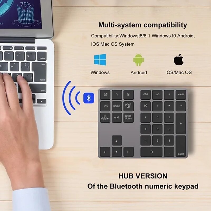 Aluminum Alloy Bluetooth Wireless Numeric Keypad with USB HUB Digital Input Function for WindowsMac OSAndroid laptop PC4