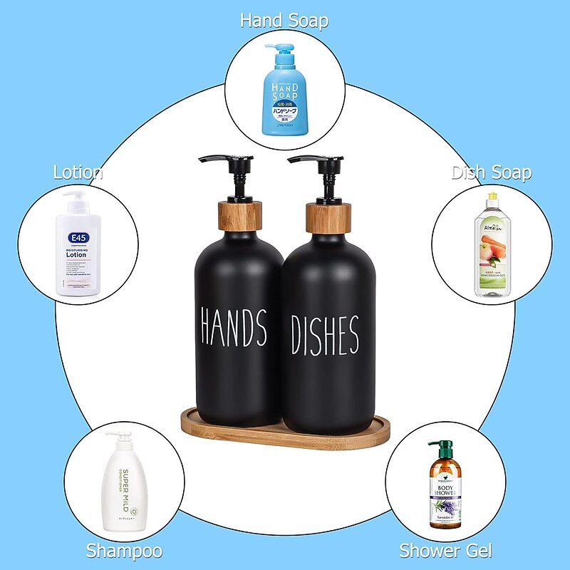 Soap Dispenser Set with Tray by Brighter Barns for Bathroom/Kitchen Hand and Dish Soap Dispenser for Bathroom Kitchen Sink Bamboo- Farmhouse Soap Dispenser(500ml*2)4